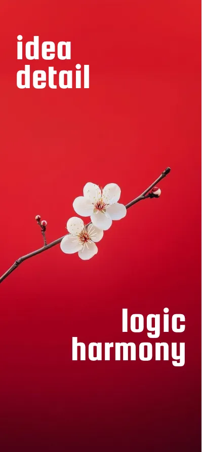 Ranting bunga putih di latar merah — idea, detail, logic, harmony